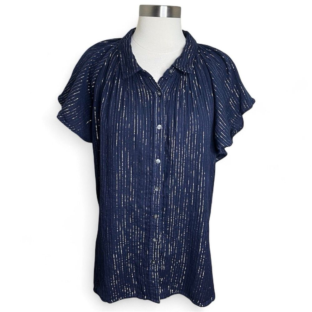 Gap Top Womens XL Navy Blue Silver Metallic Stripe Gauze Flutter Sleeve Blouse
